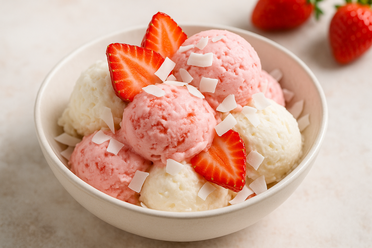 Uma TACA DE SORVETE DE COCO  E MORANGO  